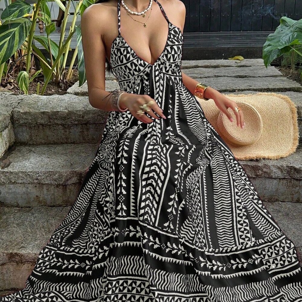 Multicolor Boho Women's French V-Neck Tie Strap Digital Print Dress